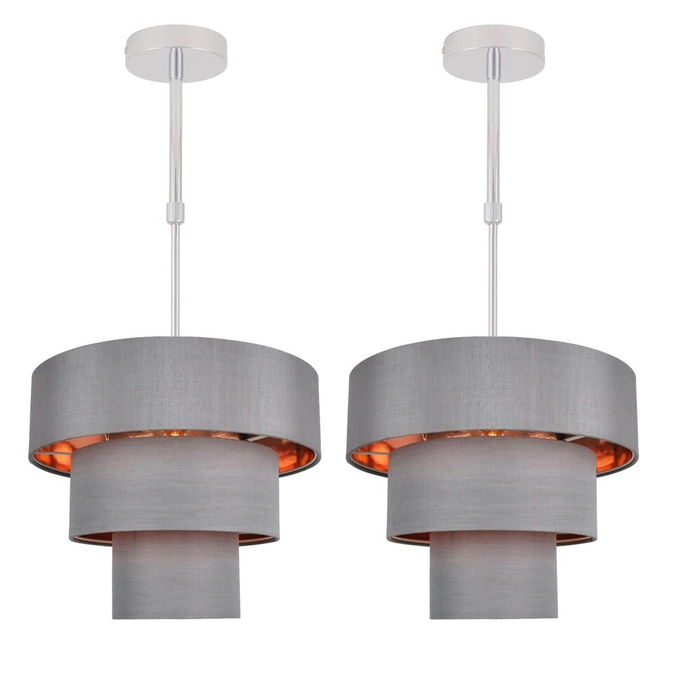 image 1 of First Choice Lighting Set of 2 Staggered 3 Tier Grey Faux Silk Slub Fabric Ceiling Adjustable Flush Shade with Copper Board Inner Chrome | Grey