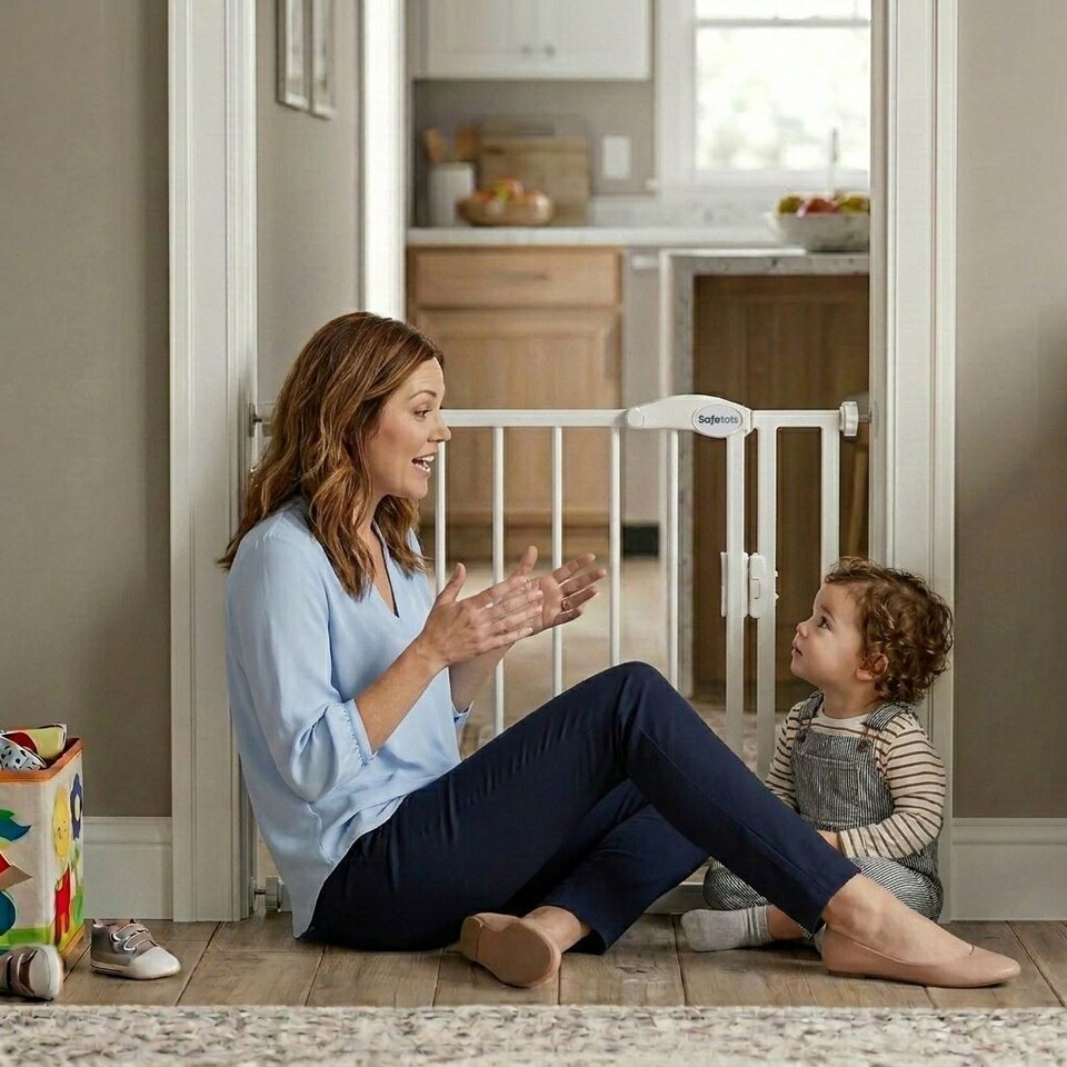 image 1 of Safetots Pressure Fit Self Closing Stair Gate, 75cm - 82cm, White, Auto Closing Baby Gate, Safety Barrier for Toddler, Easy Installation