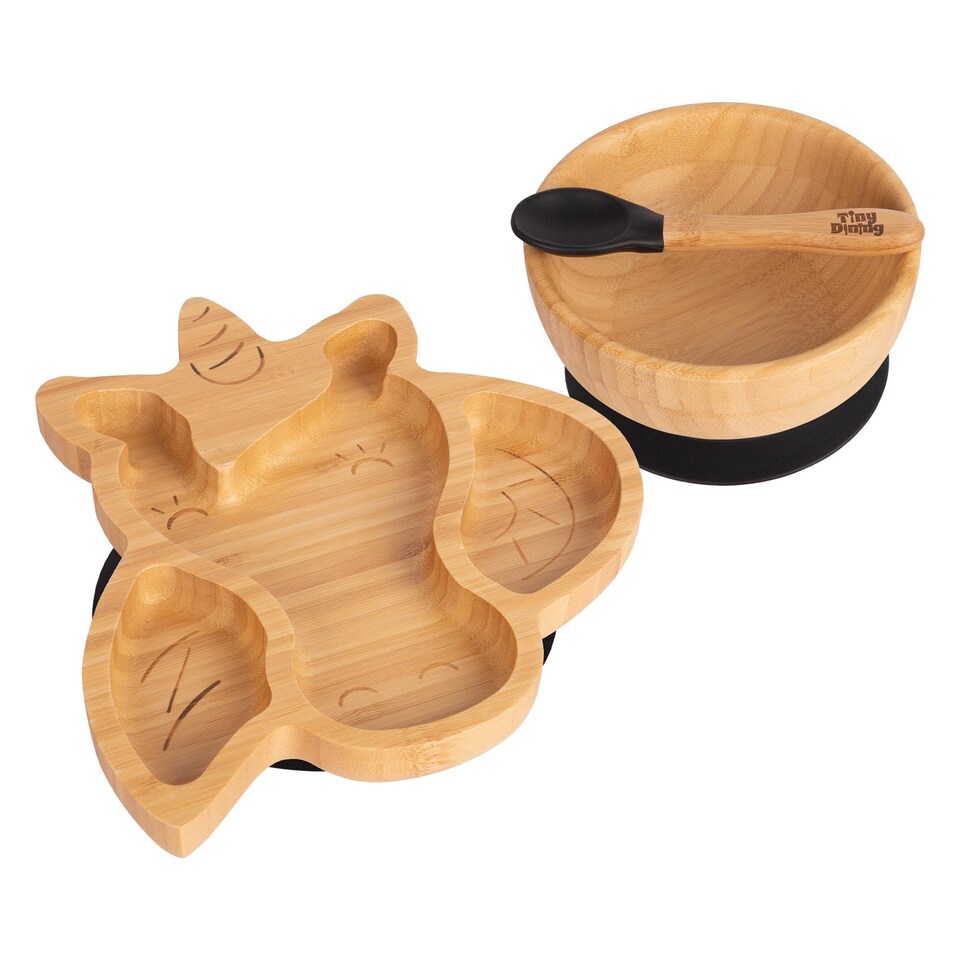 image 1 of Tiny Dining Children's Bamboo Suction Unicorn Dinner Set - Black