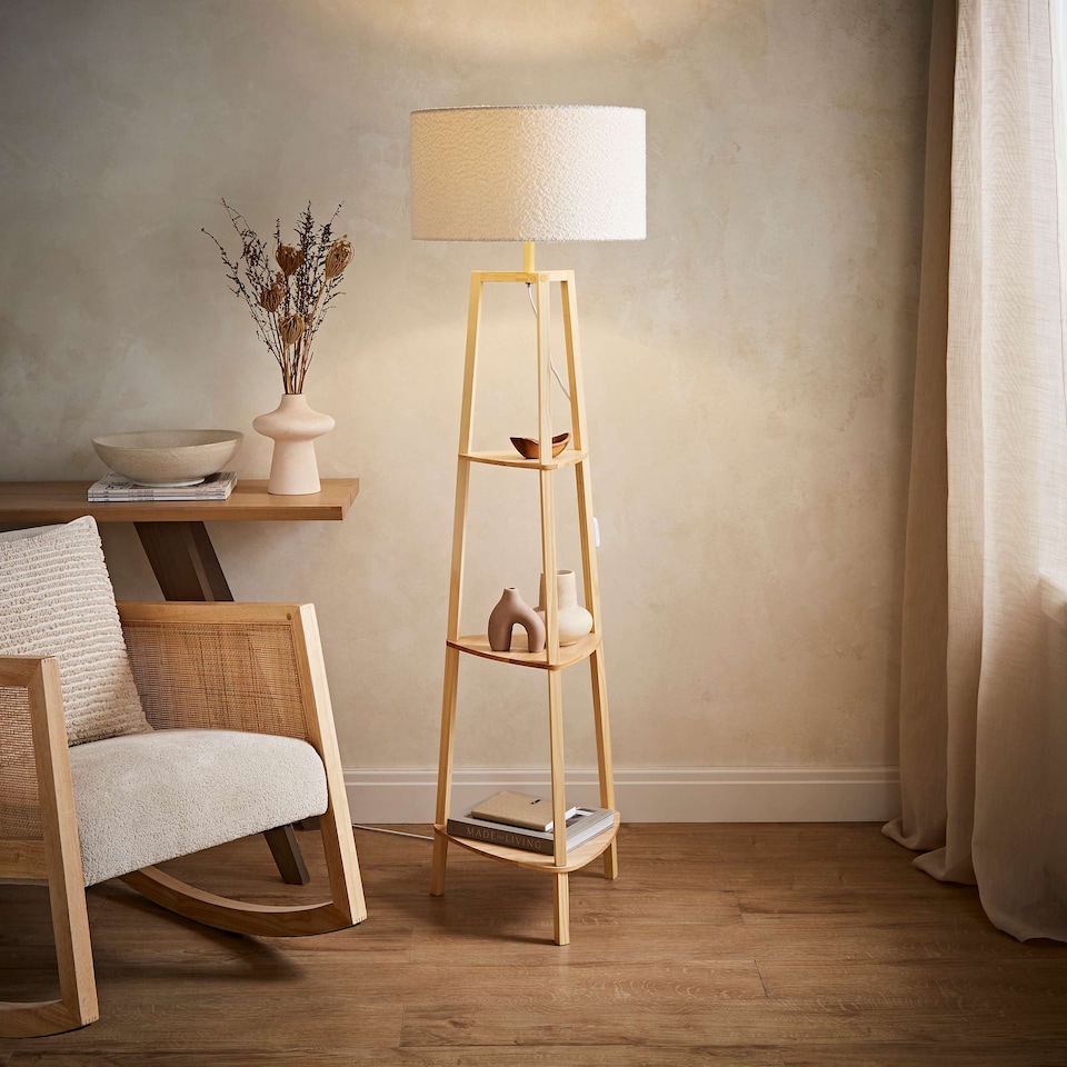 image 1 of ValueLights Hiru Wooden 3 Tier Shelf Floor Lamp Cream Shade | Cream