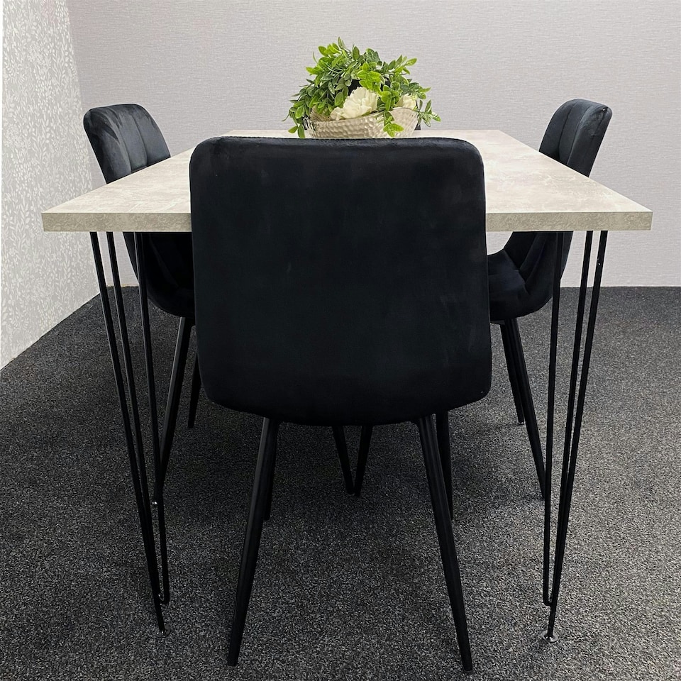 image 1 of Grey Dining Table with Hairpin Legs & 4 Black Velvet Chairs Set for Kitchen & Dining Room Grey