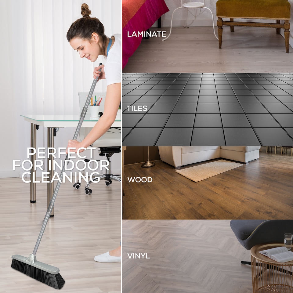 image 1 of Soft Indoor Broom Perfect for Laminate, Vinyl or Wooden Floor with Multi-section Handle and Flagged Bristle
