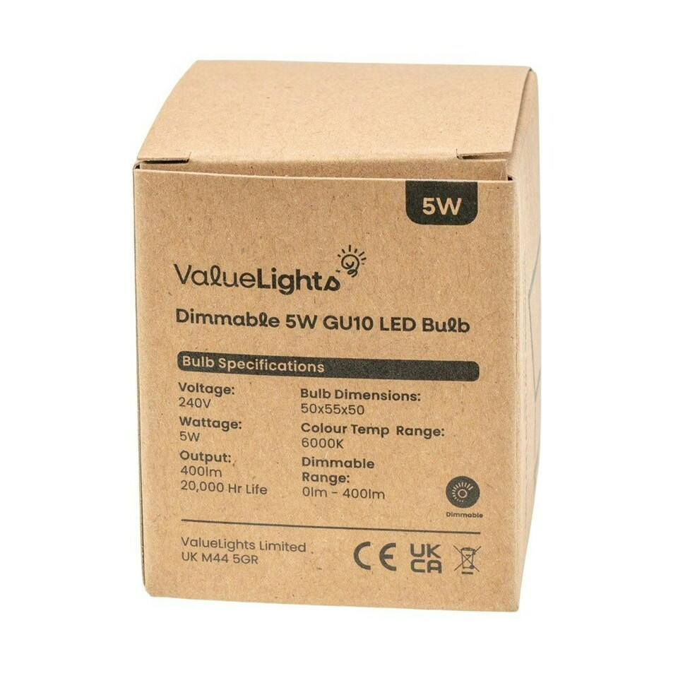 image 1 of ValueLights 20 Pack GU10 White Plastic Spotlight LED 5W Warm White 3000K 450lm Light Bulb