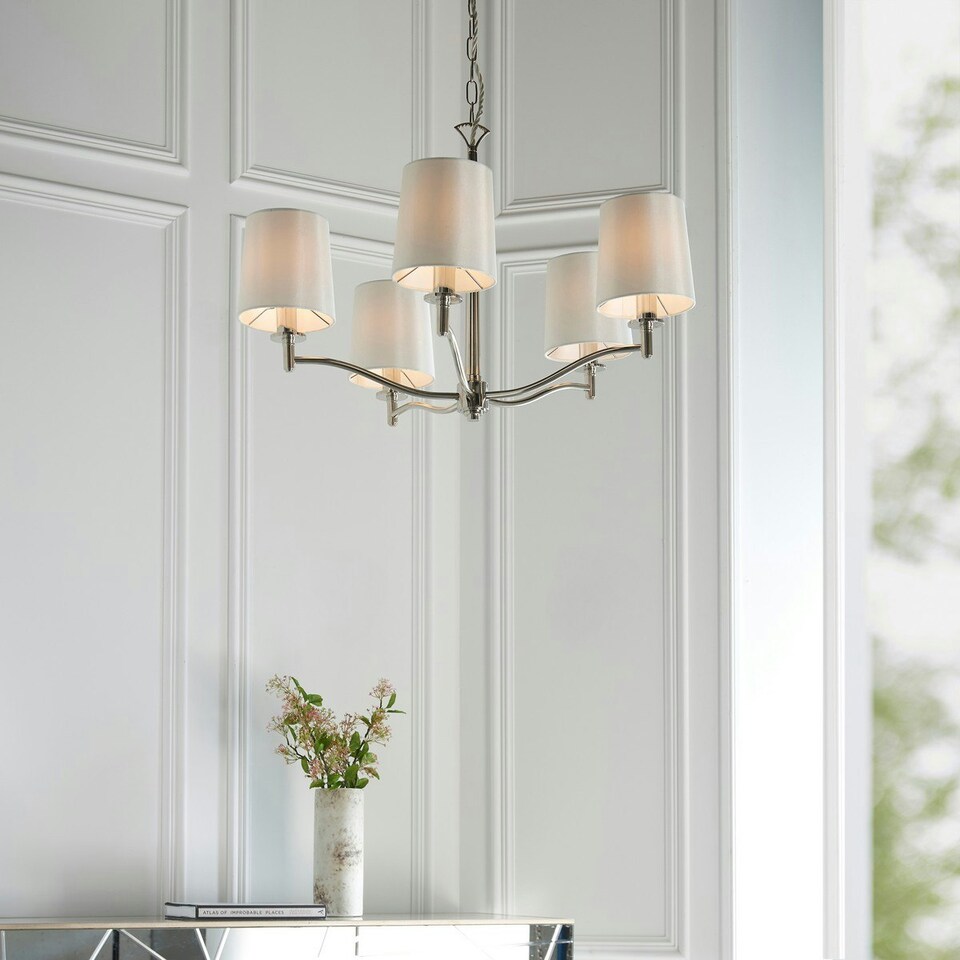 image 1 of Ortona Vintage Pendant 5 Light Bright Nickel White Fabric Shades