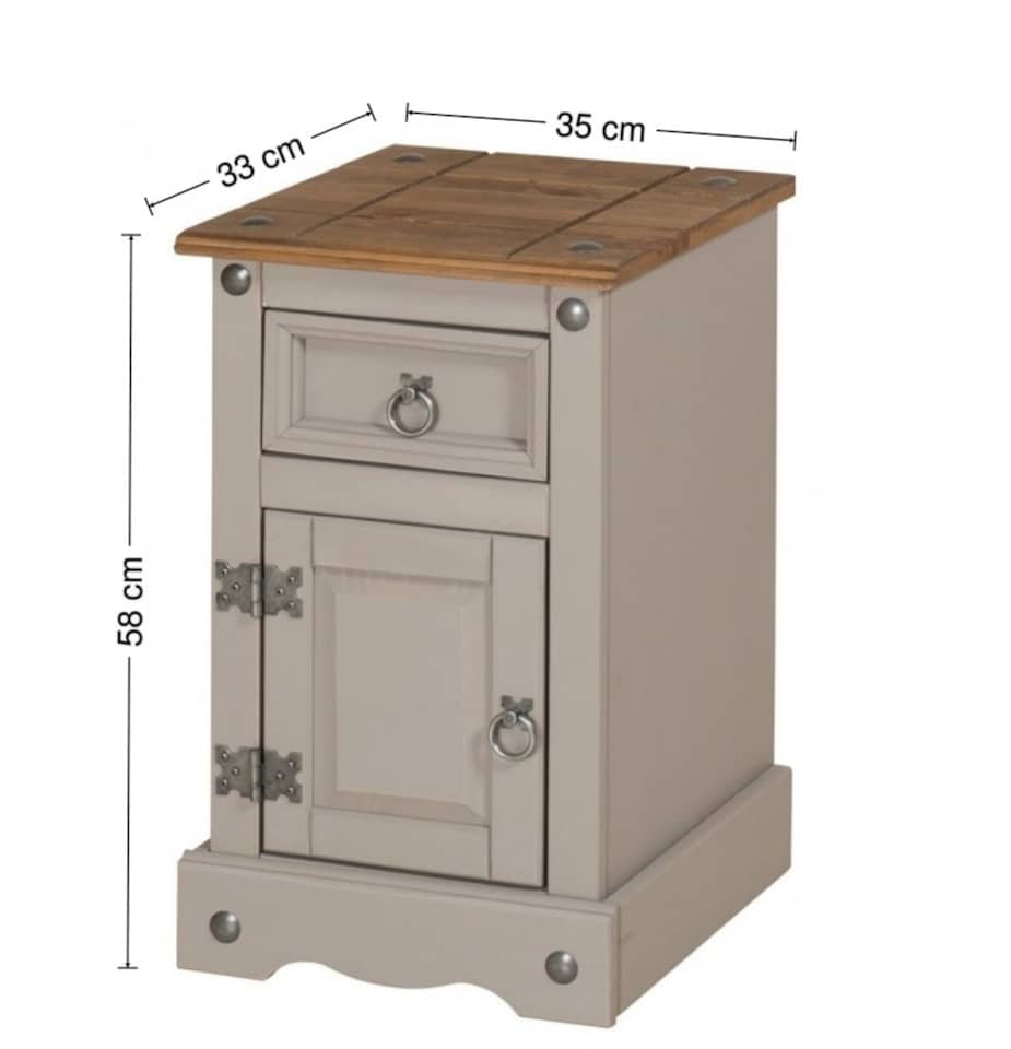 image 1 of Mercers Furniture Corona Grey Wax Narrow Pot Cupboard Bedside Cabinet 1 Door 1 Drawer Table Solid Wood Pine Wooden Bedroom with Mexican Styling