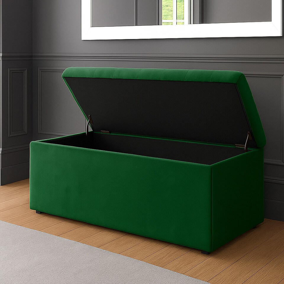 image 1 of 90cm SD Ottoman Storage Box, Forest Green Velvet Upholstered Chesterfield Storage Ottoman Box