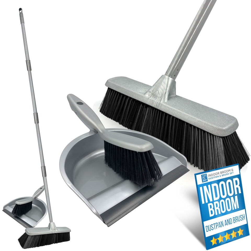 image 1 of Indoor Soft Sweeping Broom and Dustpan Set Long Handle Floor Brush for Wood and Tile