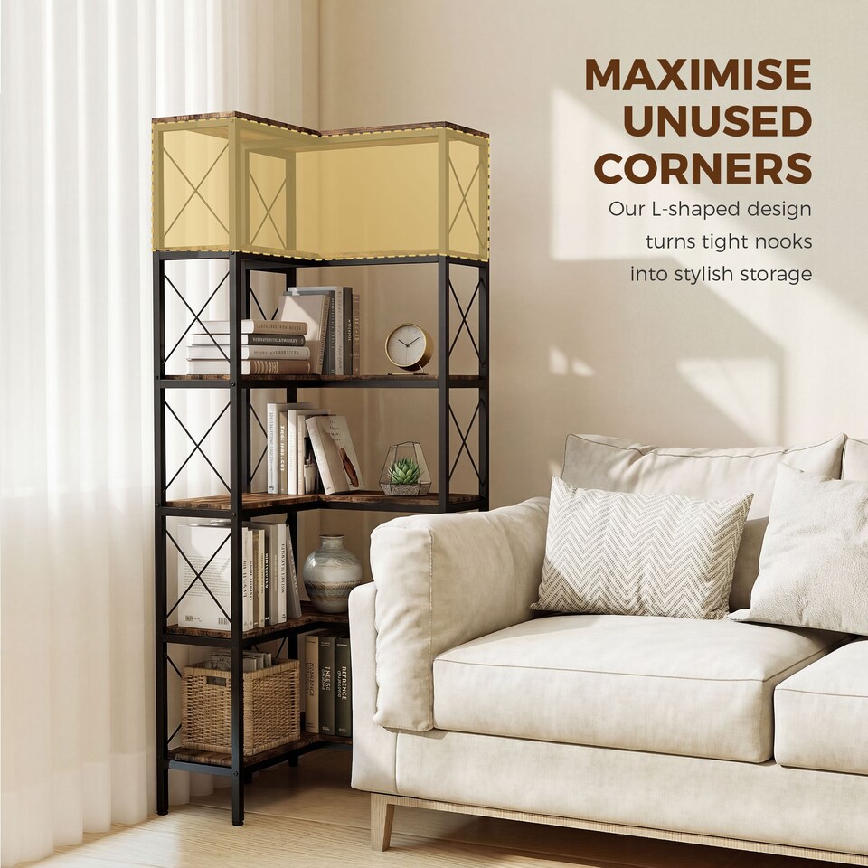 image 1 of HOMCOM L-Shaped Bookshelf, 5-Tier Bookcase with Metal Frame, Rustic Brown