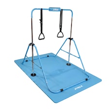 Jirox Blue Gymnastics Horizontal Bar with Mat, Kids Home Gym Training High Bar Set, Foldable Steel, Children Junior - Mat, Handles, Gloves & Cushion Included