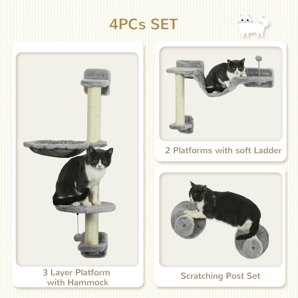image 1 of PawHut 4Pcs Wall Mounted Cat Shelves with Hammock, Scratching Post, Grey