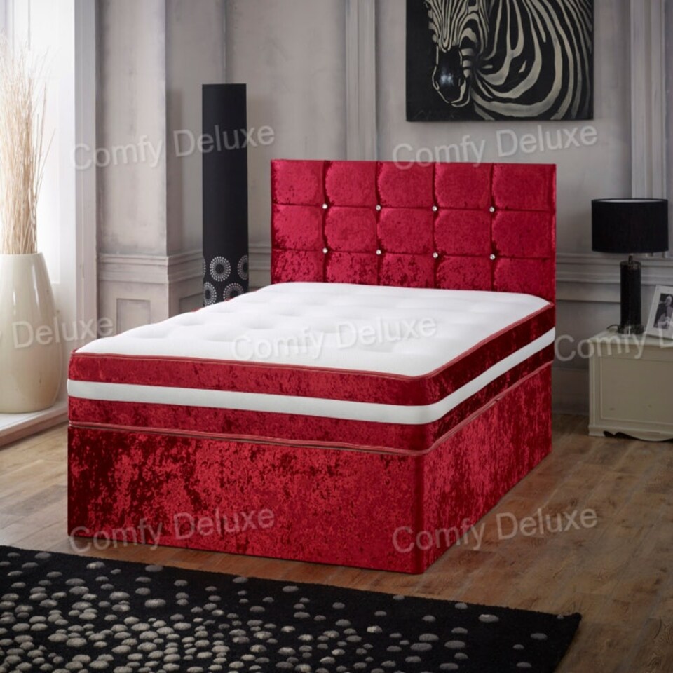 Red Crush Velvet 5FT King Divan Bed With Cube Headboard & Matching Mattress 2 Drawers One Each Side