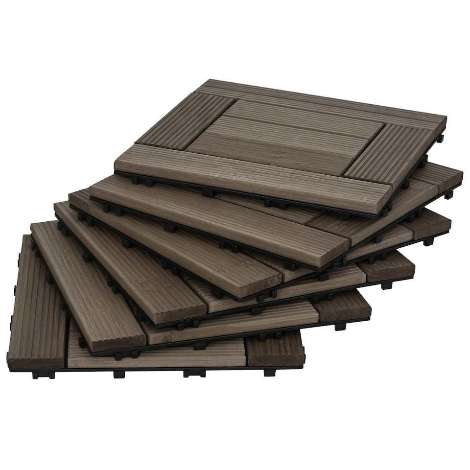 image 1 of Outsunny 27 Pcs Wooden Interlocking Decking Tiles, 30 x 30 cm per piece, Grey