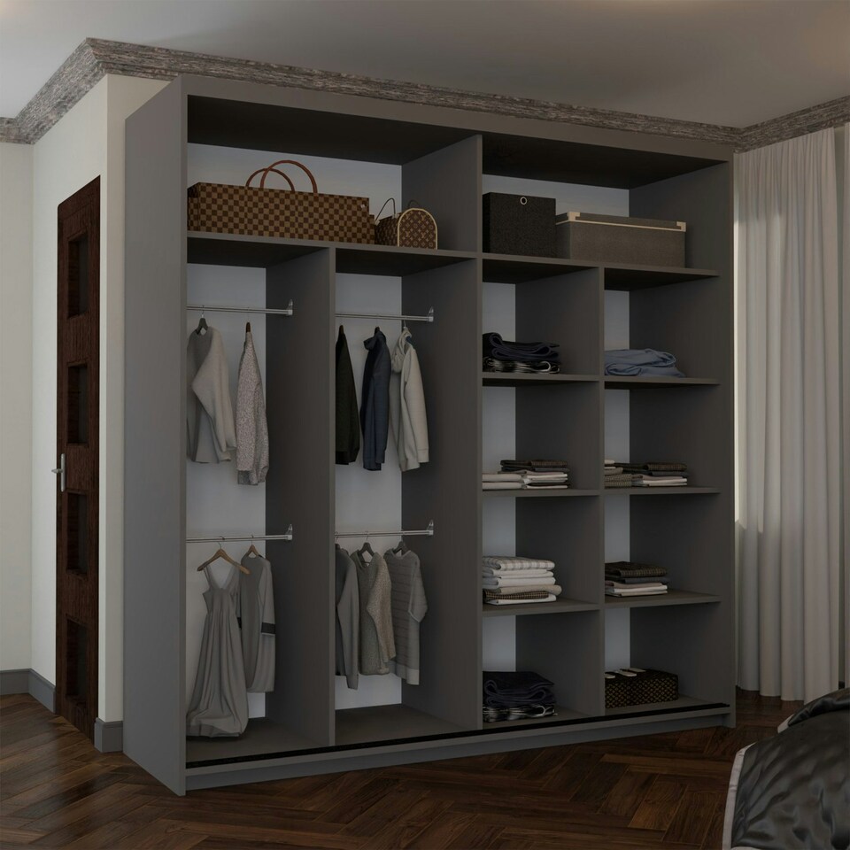 image 1 of Spacious 203cm Sliding Wardrobe with Paneled Mirror Doors & Votan Strip | Adjustable Interior | White, Black, Grey, Oak Grey | Grey203cm