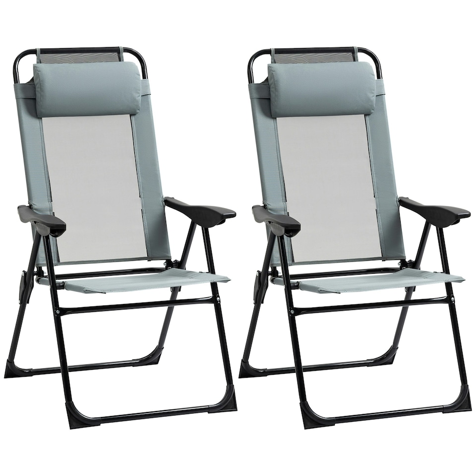 image 1 of Outsunny Set of 2 Metal Portable Folding Recliner with Adjustable Grey