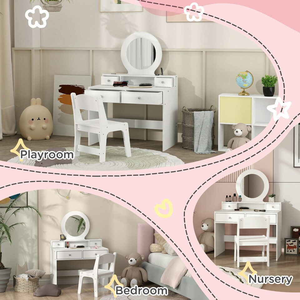 image 1 of AIYAPLAY Kids Dressing Table Set w/ Stool, Mirror, Drawers - White White