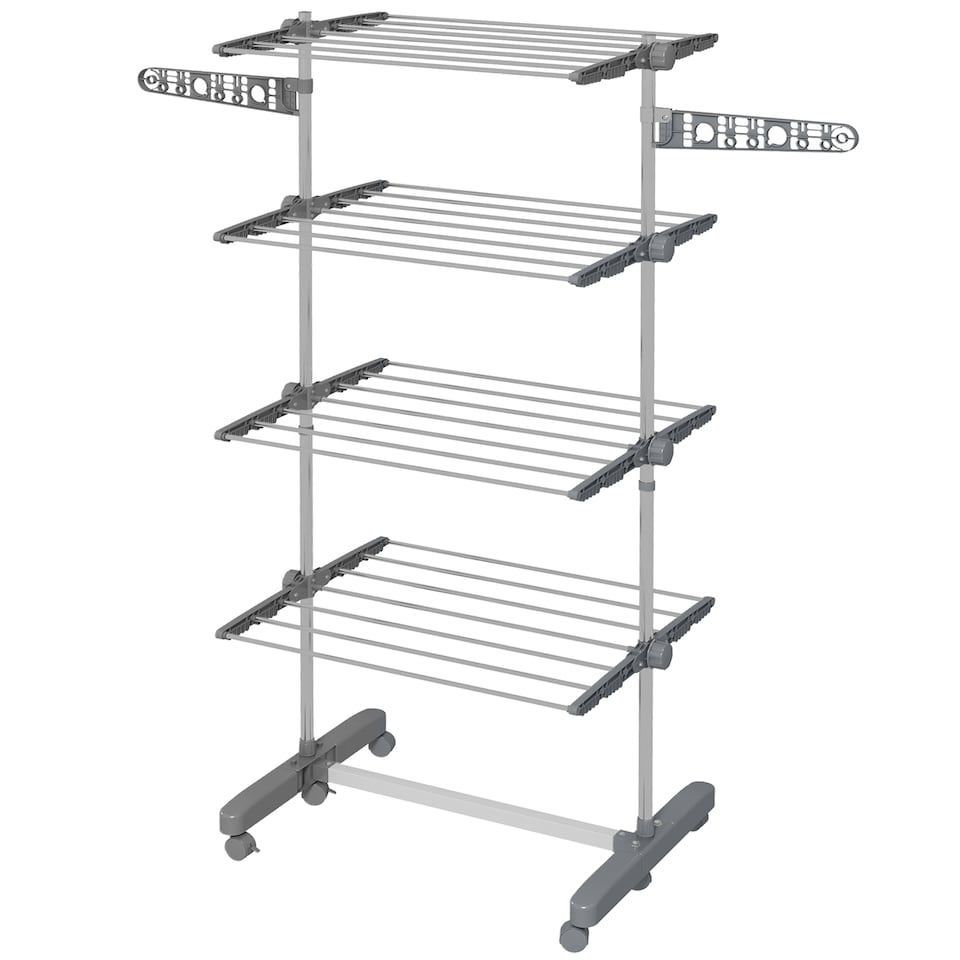 image 1 of HOMCOM 4-Tier Clothes Airer, Stainless Steel Foldable Clothes Drying Rack with Wheels and Wings, Indoor and Outdoor, Easy Assembly, 142 x 55 x 172cm, Grey