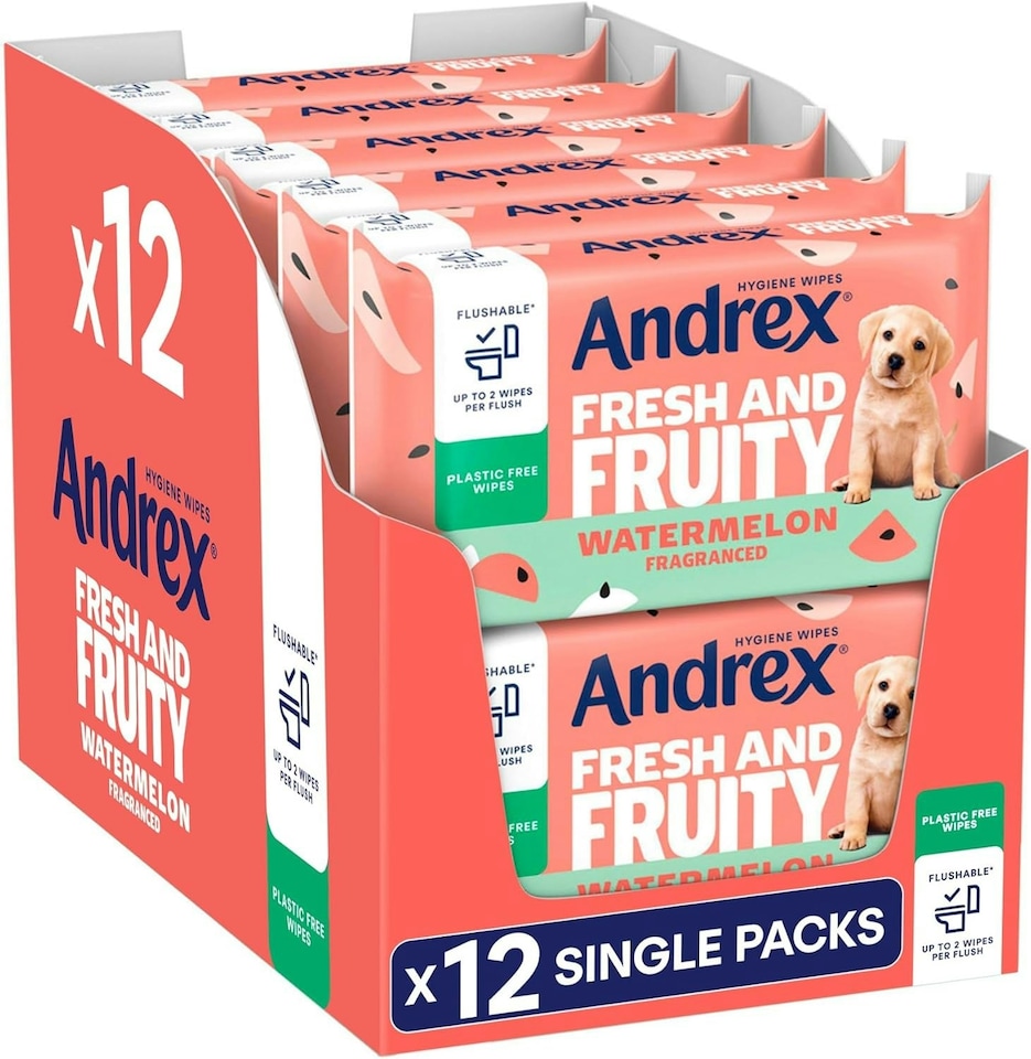 Andrex Fresh and Fruity Hygiene Wipes, 12 Packs, Flushable Toilet Tissue Wet Wipes with Watermelon Fragrance-Biodegradable and Plastic-Free