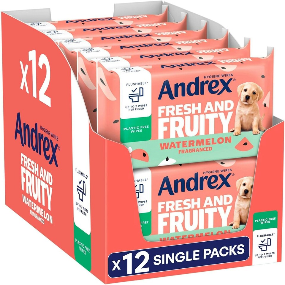 Andrex Fresh and Fruity Hygiene Wipes, 12 Packs, Flushable Toilet Tissue Wet Wipes with Watermelon Fragrance-Biodegradable and Plastic-Free