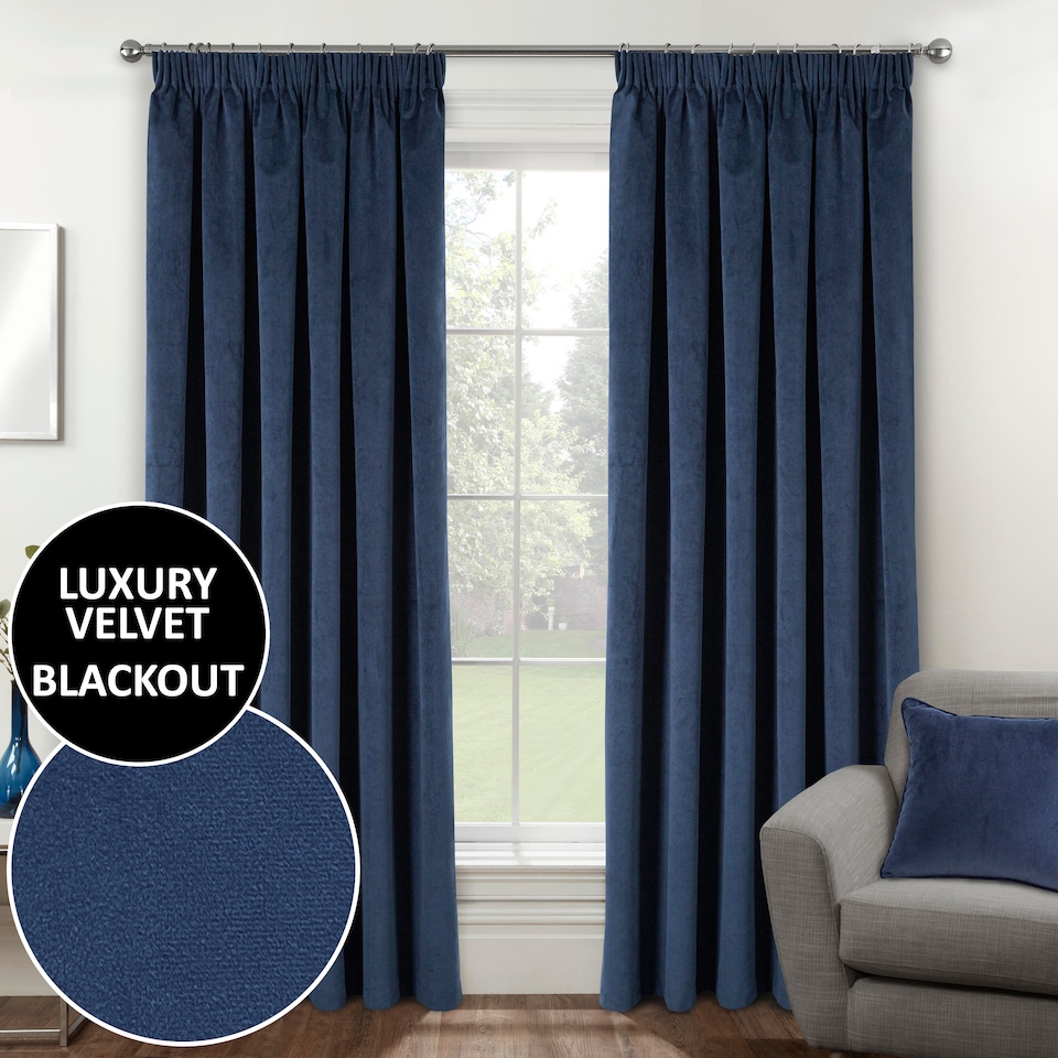 image 1 of Luxury Enhanced Living Navy Velvet, Supersoft, Blackout, Thermal Curtains with Tape Top (PAIR) - 90 x 72 inch (229x183cm)