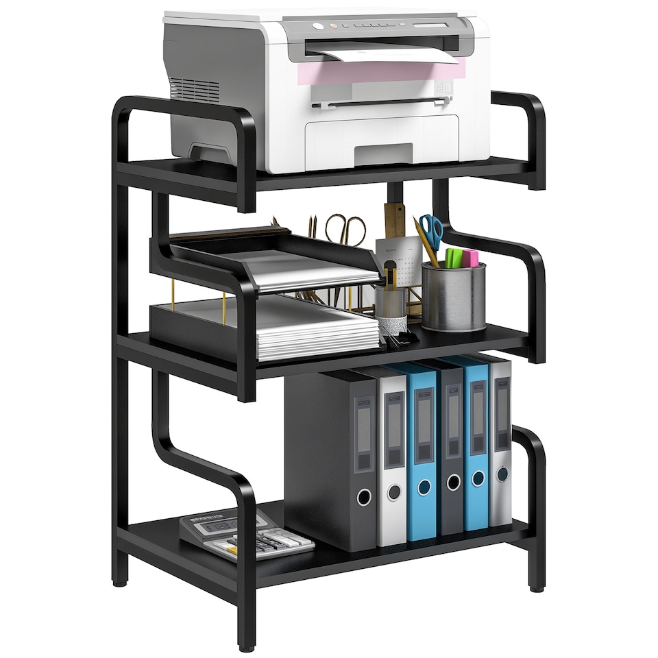 image 1 of HOMCOM 3-Tier Printer Stand with Storage Shelves, Printer Table, 55 x 40 x 77cm Printer Shelf for Home Office, Study, Black