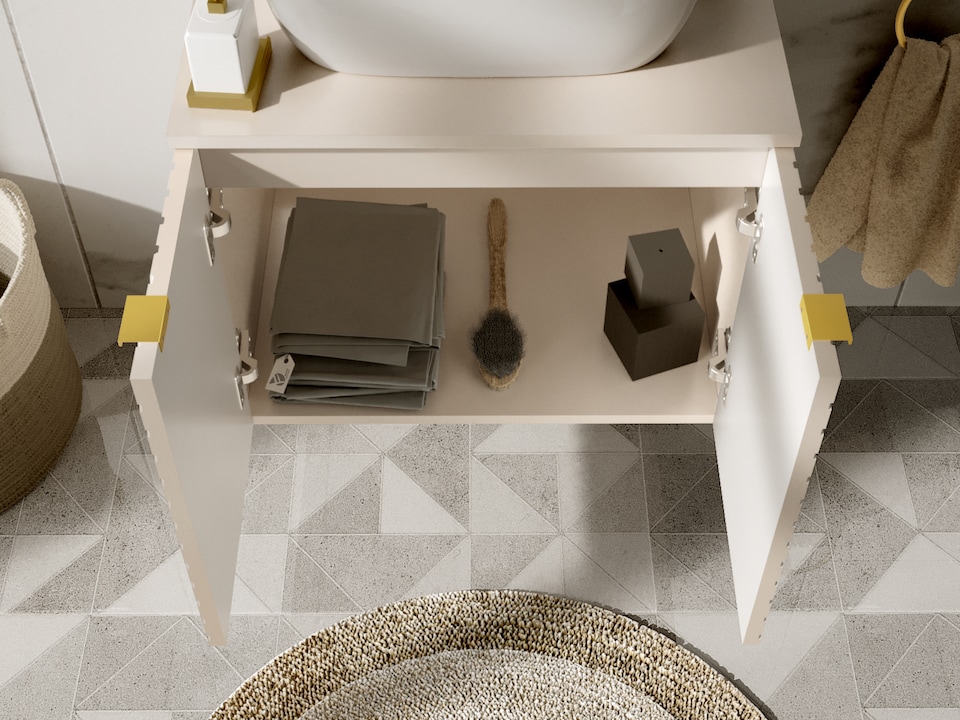 image 1 of Bathroom Furniture Set  600mm Wall Hung Vanity Unit with Tallboy Storage Cabinet Ribbed Fluted Herringbone Beige Cara