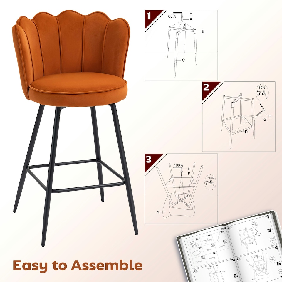 image 1 of HOMCOM Set of 2 Barstools with Petal Backrest for Kitchen Island Orange | Orange | 54W x 55D x 97H cm | 2