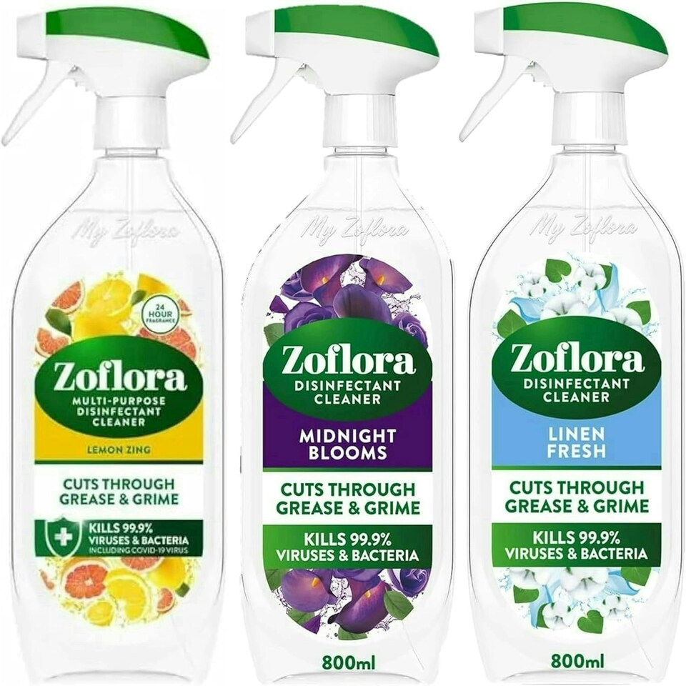 Zoflora Mixed Multipurpose Disinfectant Trigger Spray, 3 x 800ml - Lemon Zing, Midnight Blooms & Linen Fresh (one of each)