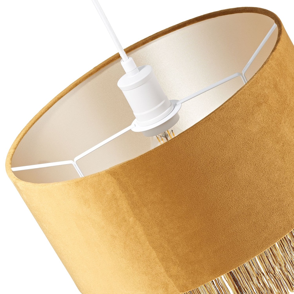 image 1 of Modern Ochre Mustard Drum 14" Pendant Shade with Tassels and Embroidered Trim | Yellow | Ochre | 1