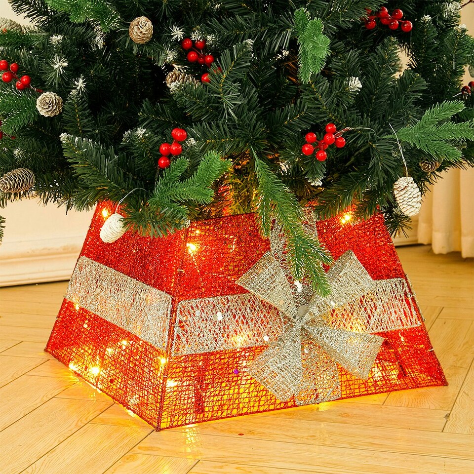 image 1 of Living and Home Square Christmas Tree Collar Skirt Decor with Bow Tie & Lights - Red