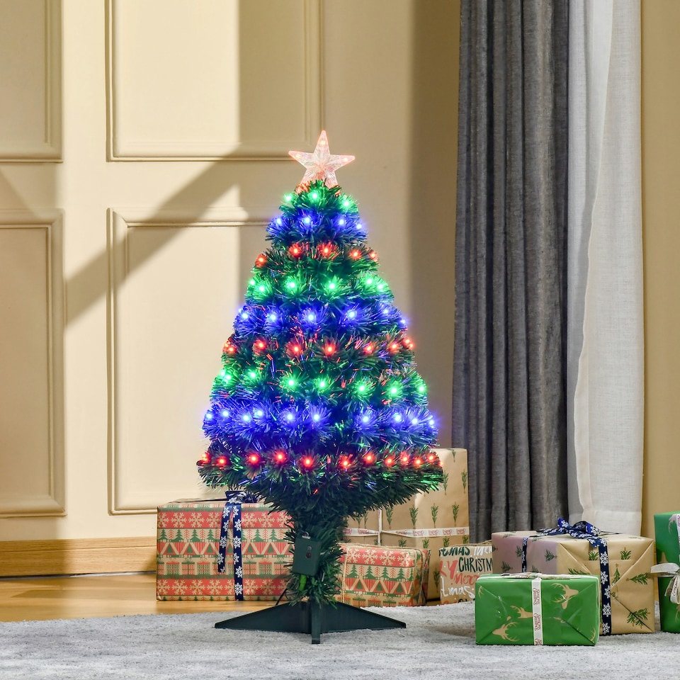 image 1 of HOMCOM 3FT Prelit Artificial Christmas Tree Fiber Optic Xmas Decoration, Green