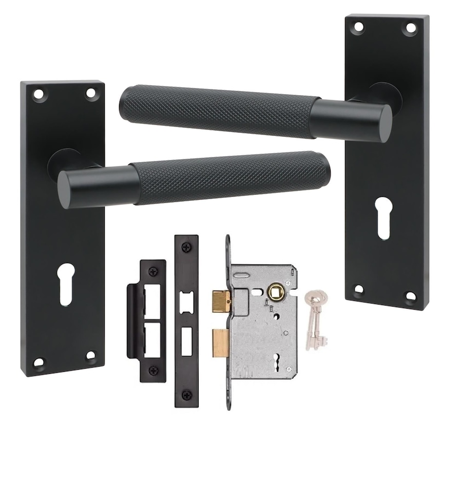 image 1 of Golden Grace Victorian T-Bar Knurled Lock Door Handle Set Matt Black Finish with 2.5'' 3 Lever Lock and Screws - 150mm