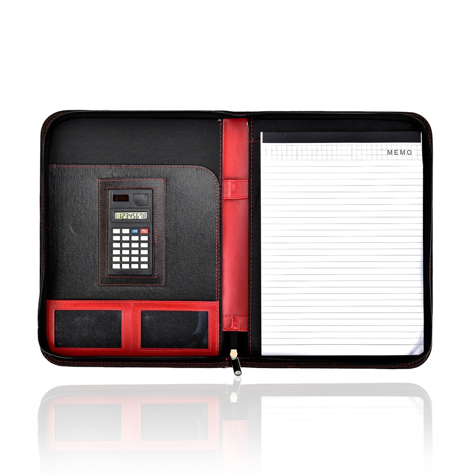 image 1 of A4 Zipped Conference Folder – Executive Portfolio with Calculator, Writing Pad, Pen Holder & Document Storage – Professional Faux Leather Business Organiser for Office, Meetings & Interviews