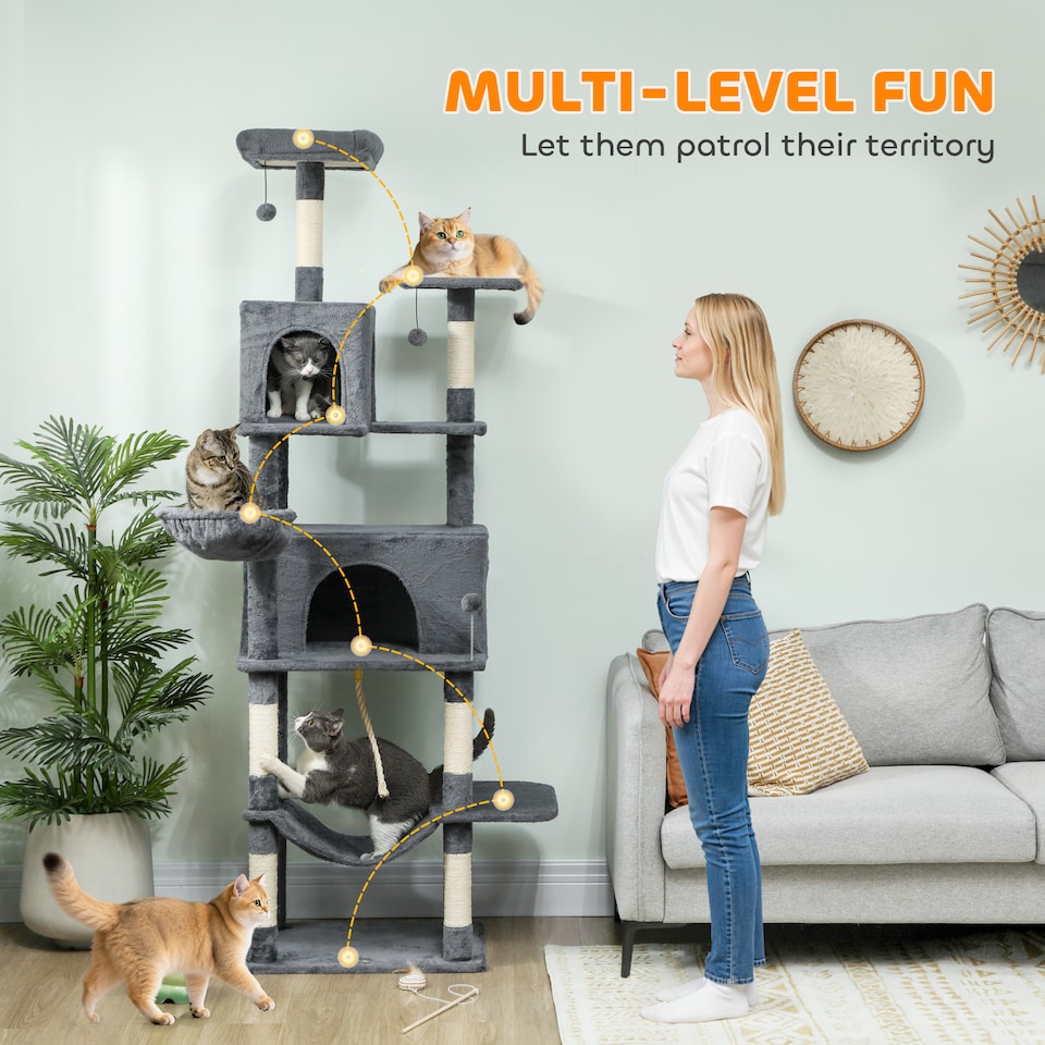 image 1 of PawHut Cat Tree, 202cm Large Cat Tower for Indoor Kittens with 6 Scratching Posts, 2 Condos, 2 Perches, 2 Hammocks, Pompoms, Multi-Level Plush Kitty Activity Centre for Rest and Play, Dark Grey