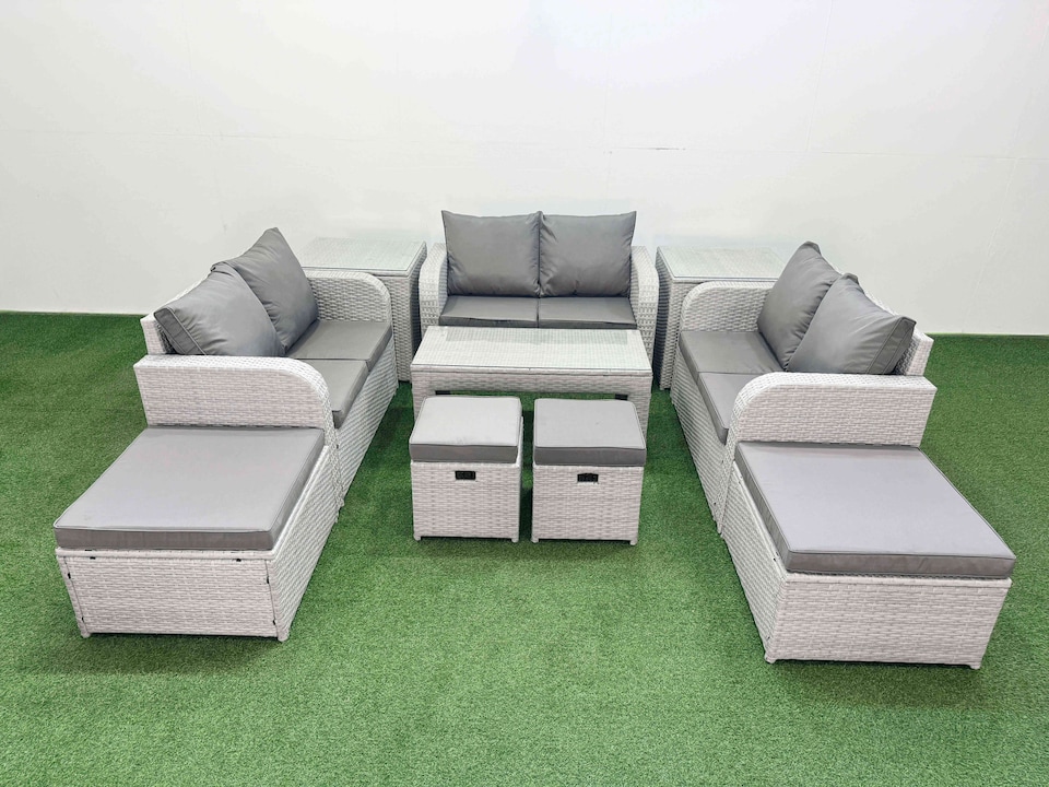 image 1 of Fimous PE Wicker Rattan Furniture Sofa Sets with Oblong Coffee Table Love Sofa 4 Stools 2 Side Table Light Grey Mixed