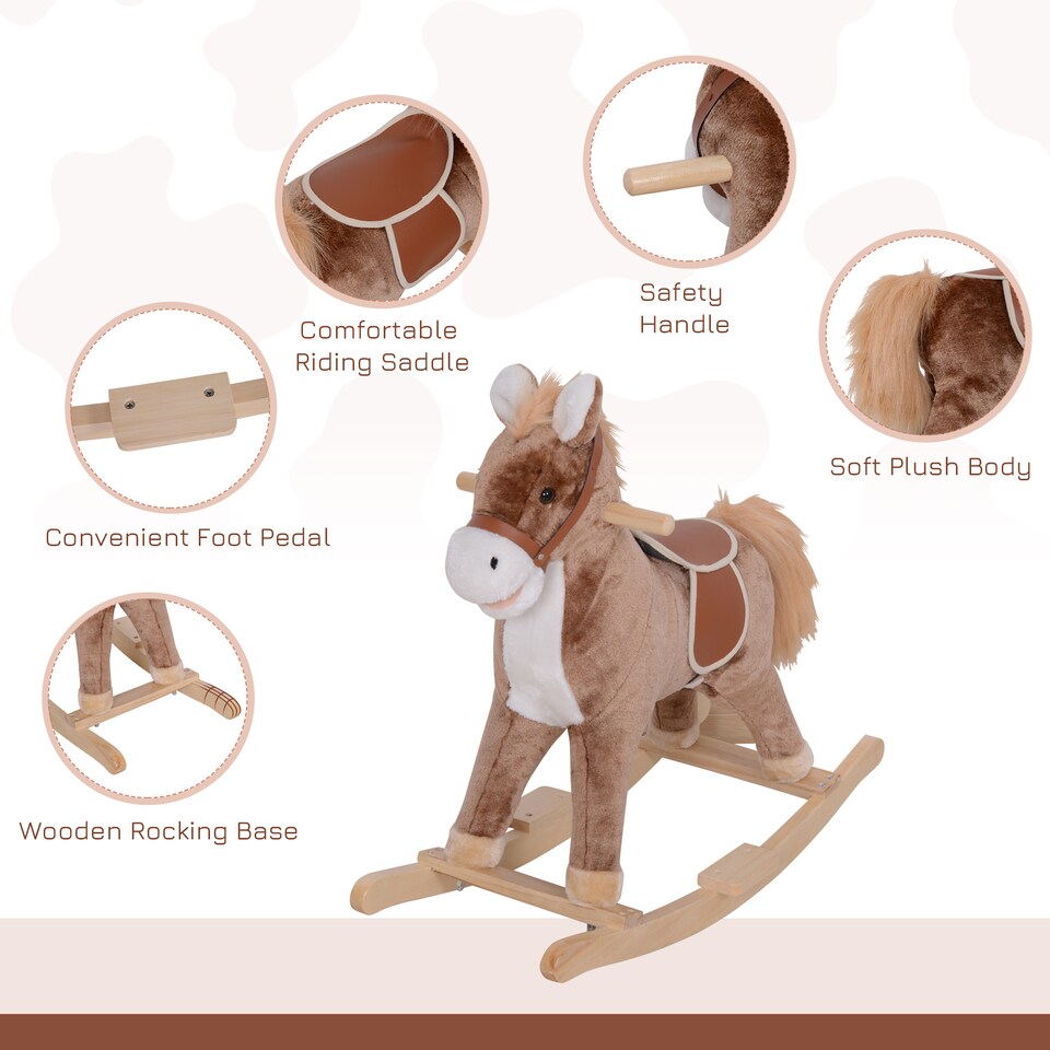 image 1 of HOMCOM Kids Children Plush Rocking Horse Wooden Base Ride On Toy Rocker with Handle Grip Traditional Toy Fun Gift for Age 3 Plus (Brown & White)