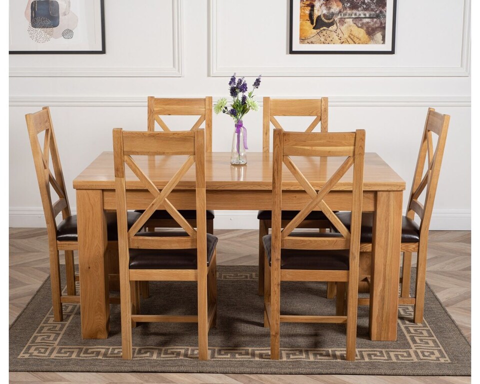 image 1 of Dakota 152 x 87cm Oak Dining Table and 6 Berkeley Brown Leather Chairs | Brown | Brown