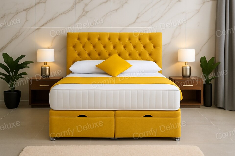 image 1 of 6ft Superking Lift Up Ottoman Mustard Plush Chesterfield Bed Set Headboard and Mattress