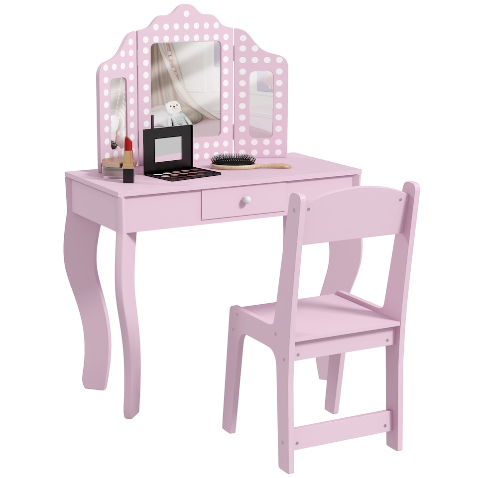 image 1 of AIYAPLAY Kids Dressing Table Set Make up w Stool, Drawer, for Playroom | Pink