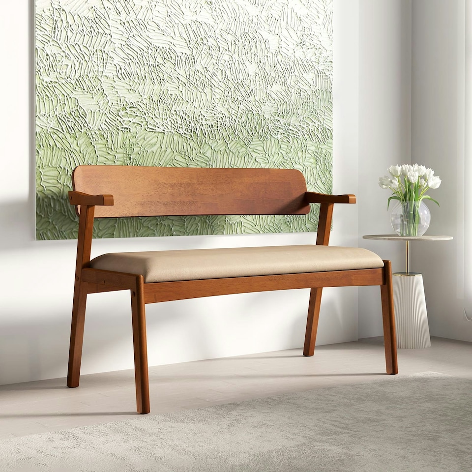image 1 of COSTWAY 2-Seat Rubber Wood Bench Dining Bench Brown