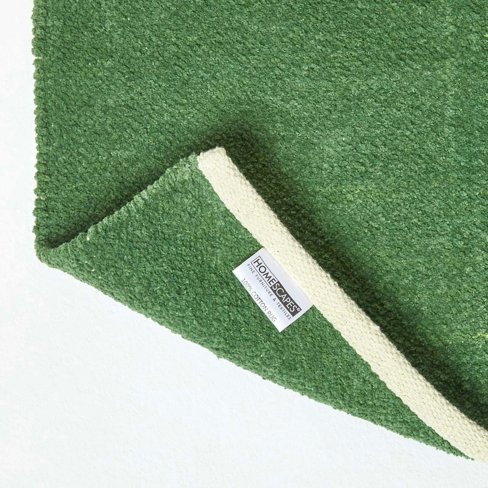 image 1 of Homescapes Dark Olive 100% Cotton Plain Chenille Rug with Natural Trim - 45 x 70 cm Green | 45 x 70 cm