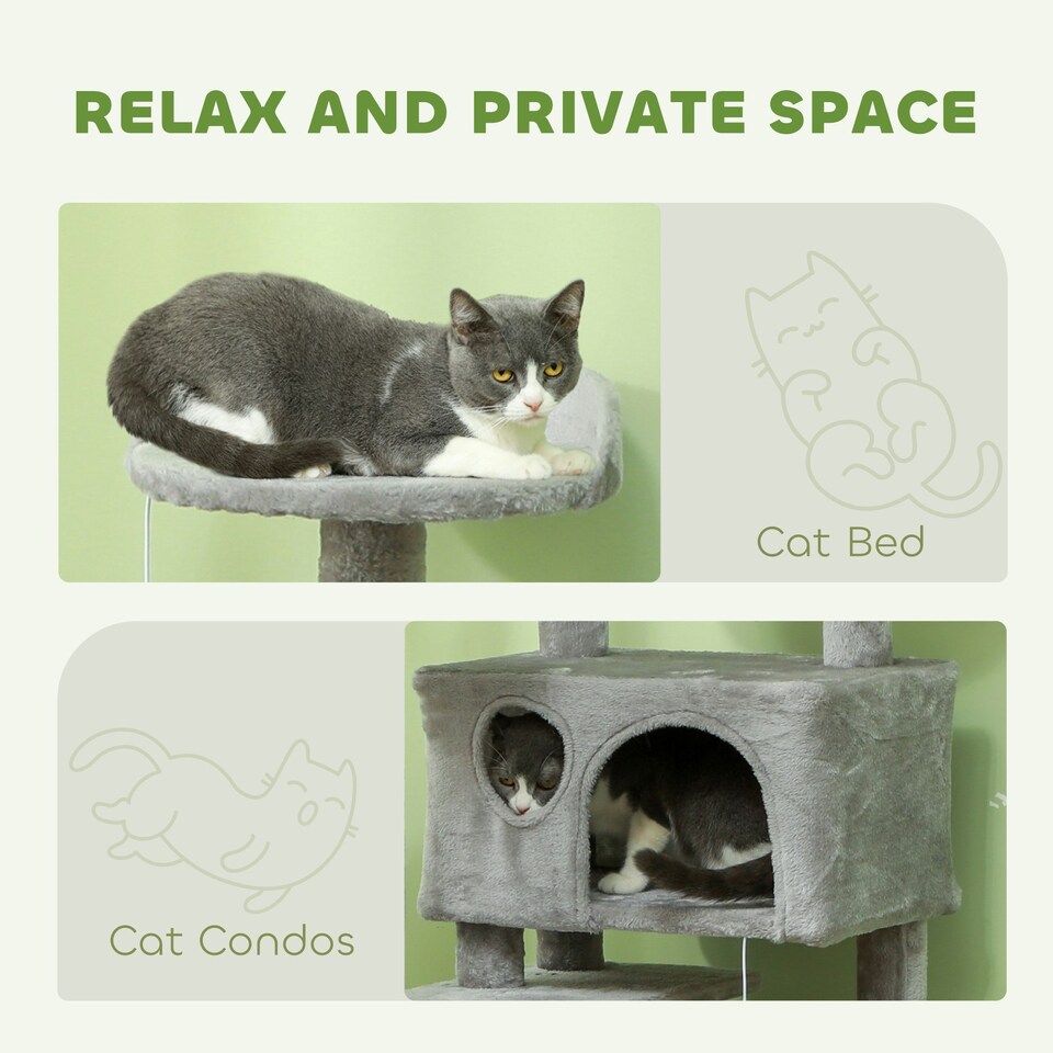 image 1 of PawHut 138cm Cat Tower with Scratching Posts Bed Condo Platform, Light Grey