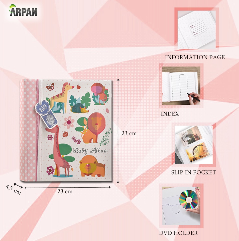 image 1 of ARPAN Slip In Memo Baby Photo Album – Holds 200 Photos 4x6" (10x15cm) – Jungle Animals Design with Index Pages & CD/DVD Pocket