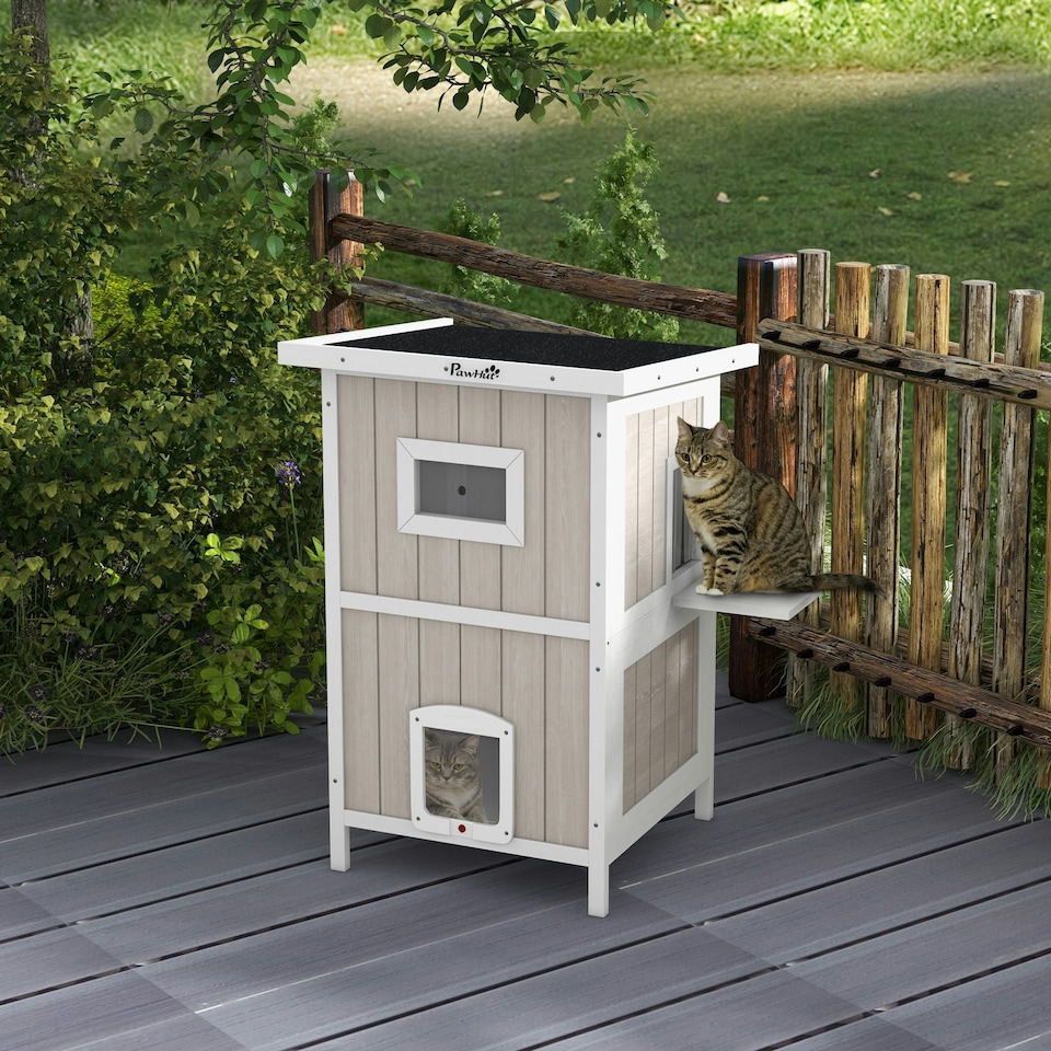 image 1 of PawHut Outdoor Wooden Cat House w/ Removable Bottom, Escape Doors, for 1-2 Cats