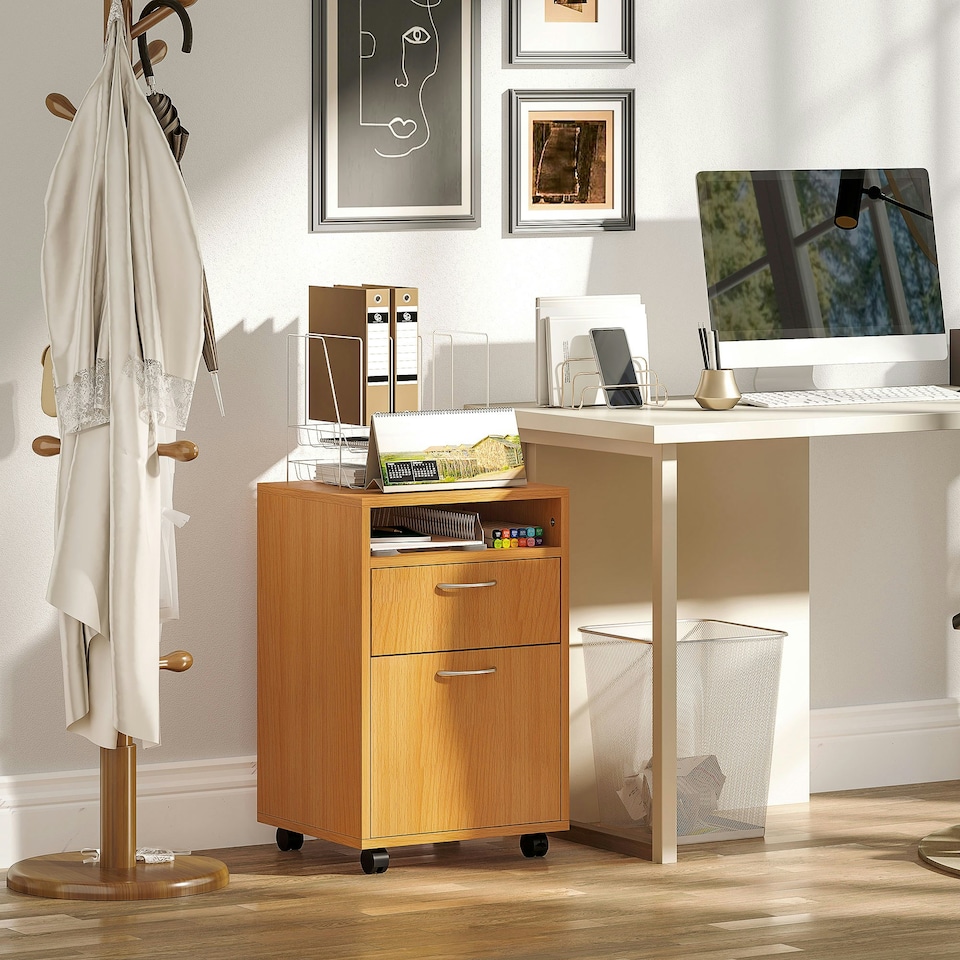image 1 of HOMCOM 60cm Filing Cabinet with Drawers and Open Shelf, Natural