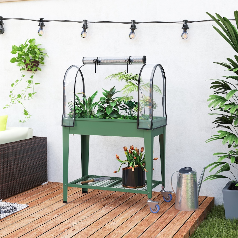 image 1 of Outsunny Mobile Raised Garden Bed with Greenhouse Cover, Green | Green | Green