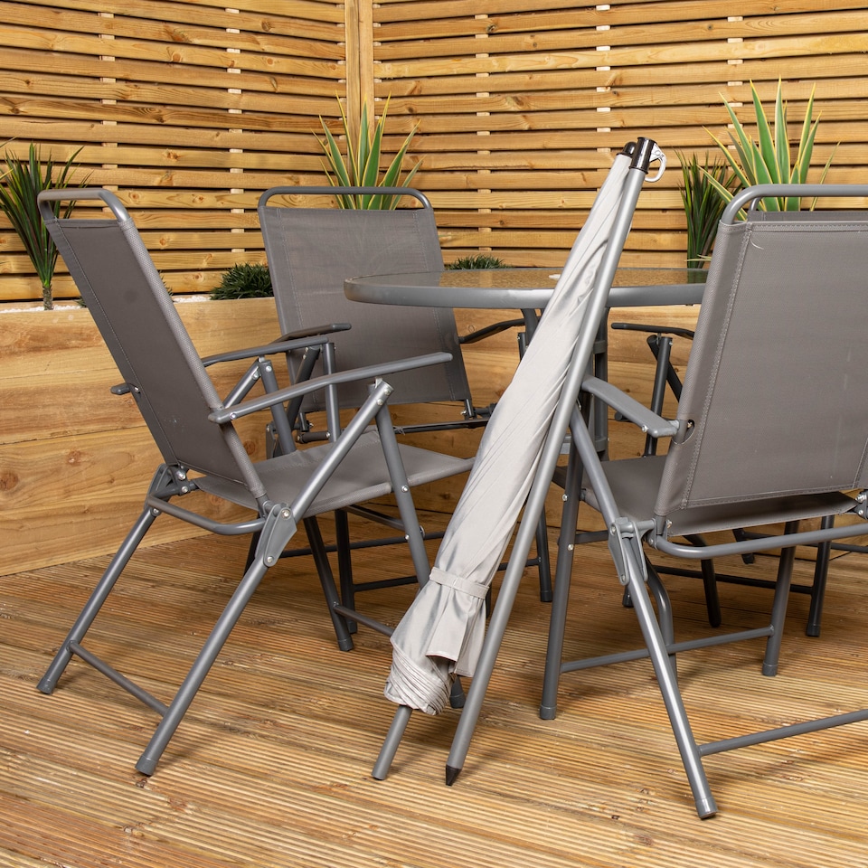 image 1 of Samuel Alexander Outdoor 4 Seater Round Glass Top Table and Chairs Patio Set with Parasol in Grey