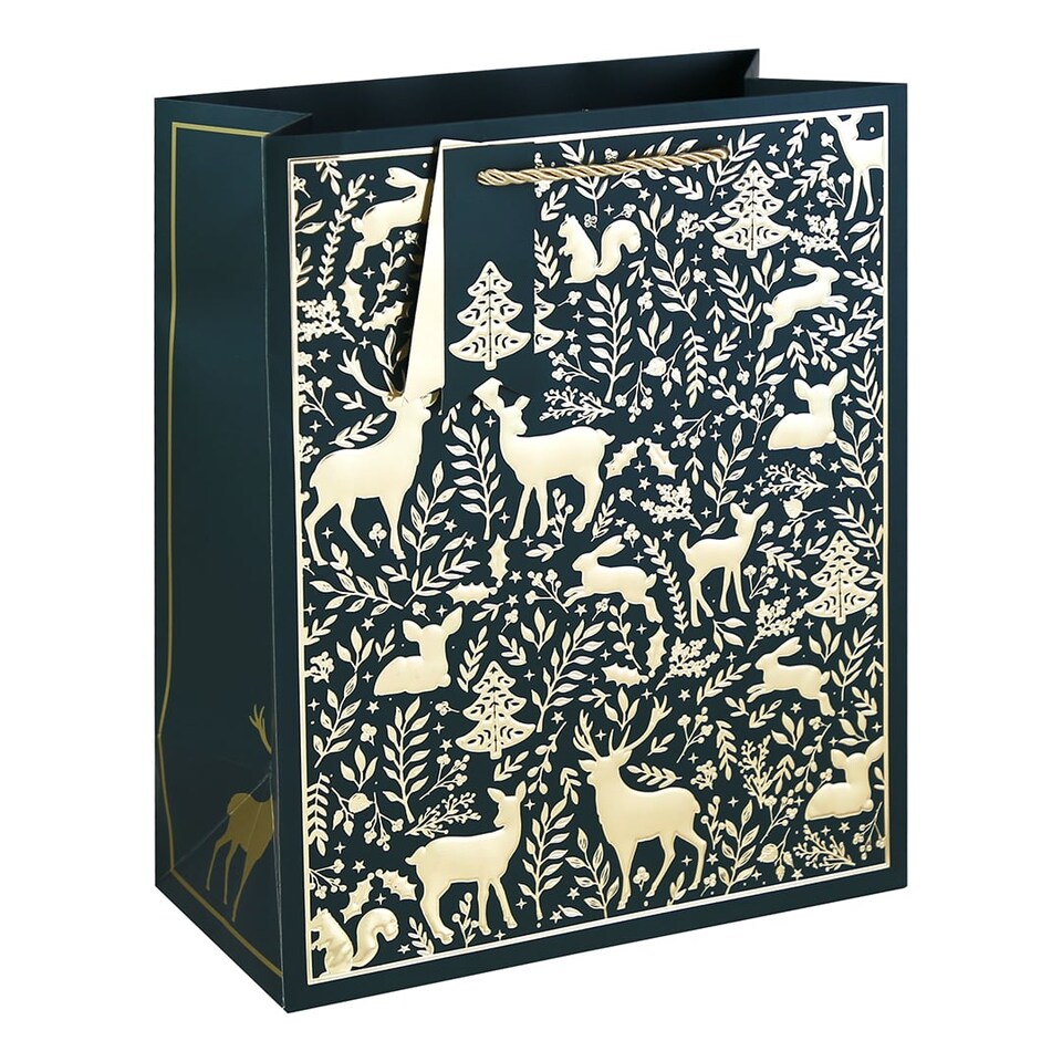 image 1 of Gold Embossed Woodland Animals Christmas Large Midnight Blue Gift Bag 33cm