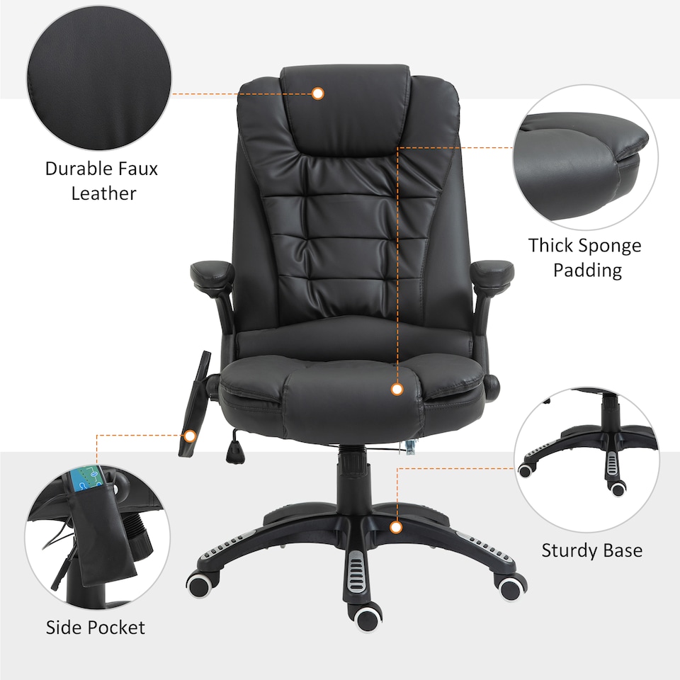 image 1 of HOMCOM 6-Point Massage Office Chair with Seat Heated for Home Office, PU Leather High Back Executive Desk Chair with Adjustable Height and 360 Swivel for Work Study, Black