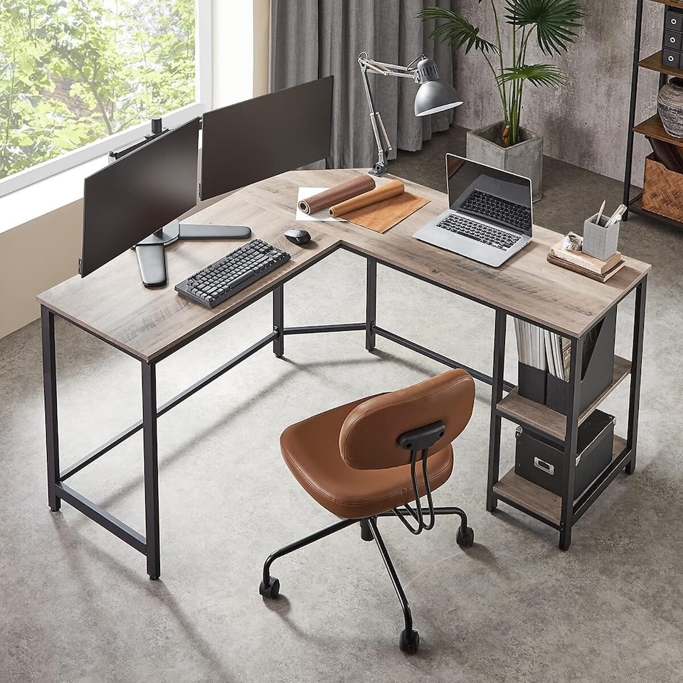 image 1 of Corner Office L-Shaped Computer Desk with Storage Shelves, Greige and Black