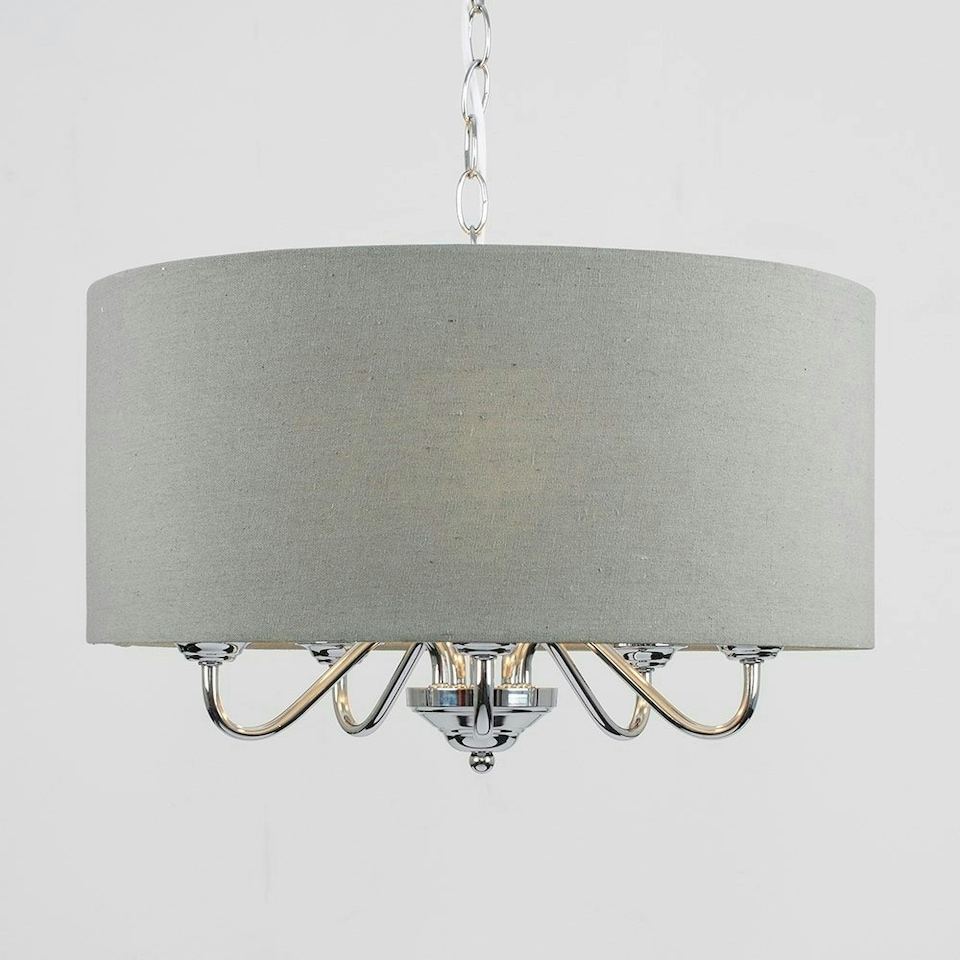 image 1 of ValueLights Rocha Modern Chrome 5 Way Curved Arm Grey Linen Slimline Drum Ceiling Light Pendant with LED Bulb